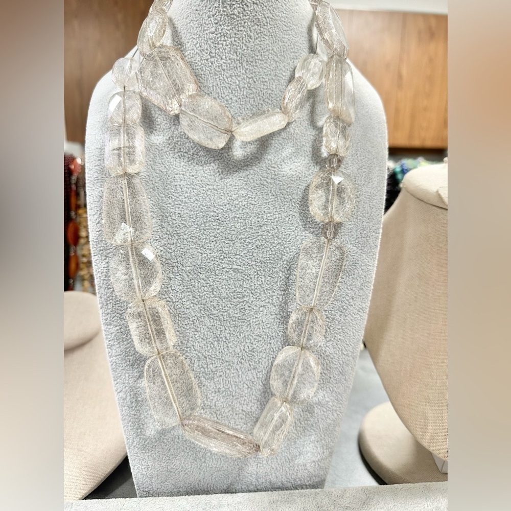 Signed NY Large Clear Chucky Crackle Lucite On A Long Sliver Tone Chain Necklace